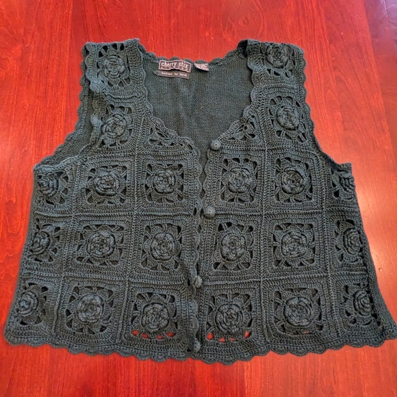 Cherry Stix Ltd. handmade knit/crochet vest, dark green, OS - Picture 6 of 10